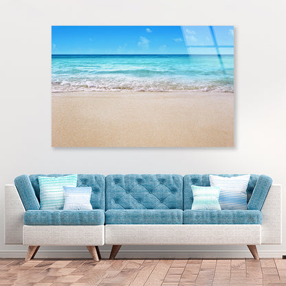 A Sandy Beach with Waves Crashing On It Acrylic Glass Print Tempered Glass Wall Art 100% Made in Australia Ready to Hang