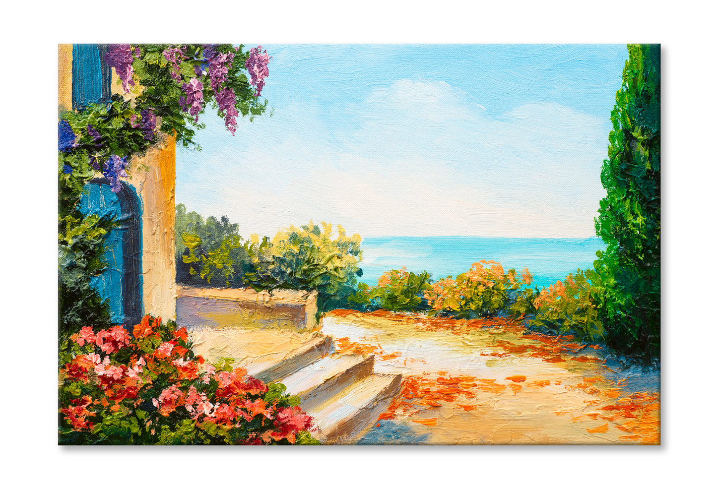 House Near The Sea, Colorful Flowers Oil Painting Wall Art Limited Edition High Quality Print Stretched Canvas None