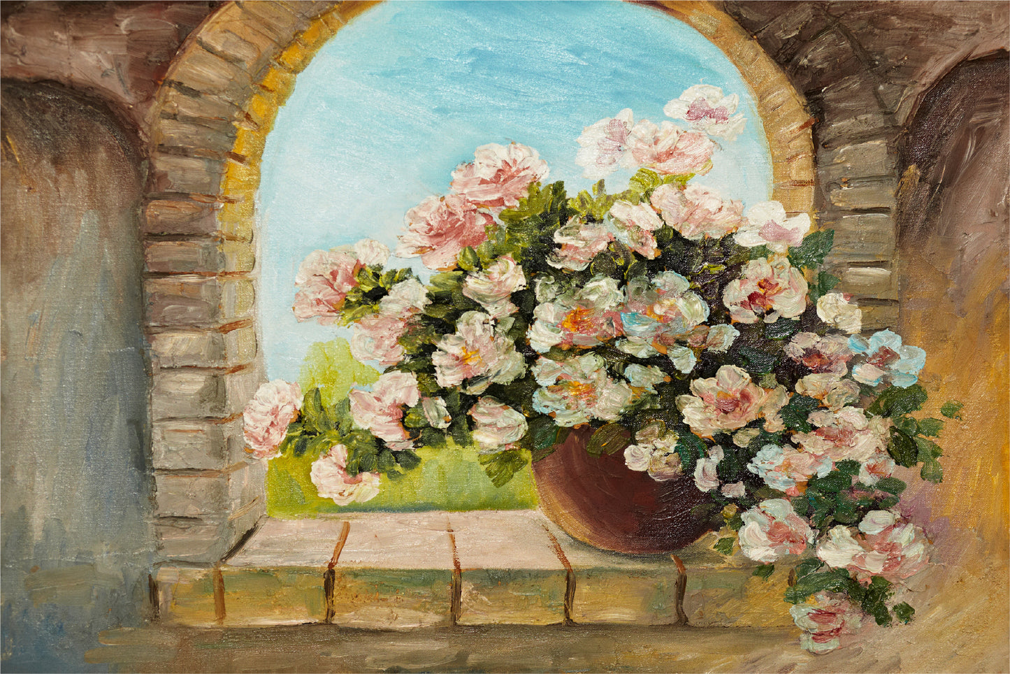 Bouquet Of Flowers On A Stone Sill Glass Framed Wall Art, Ready to Hang Quality Print