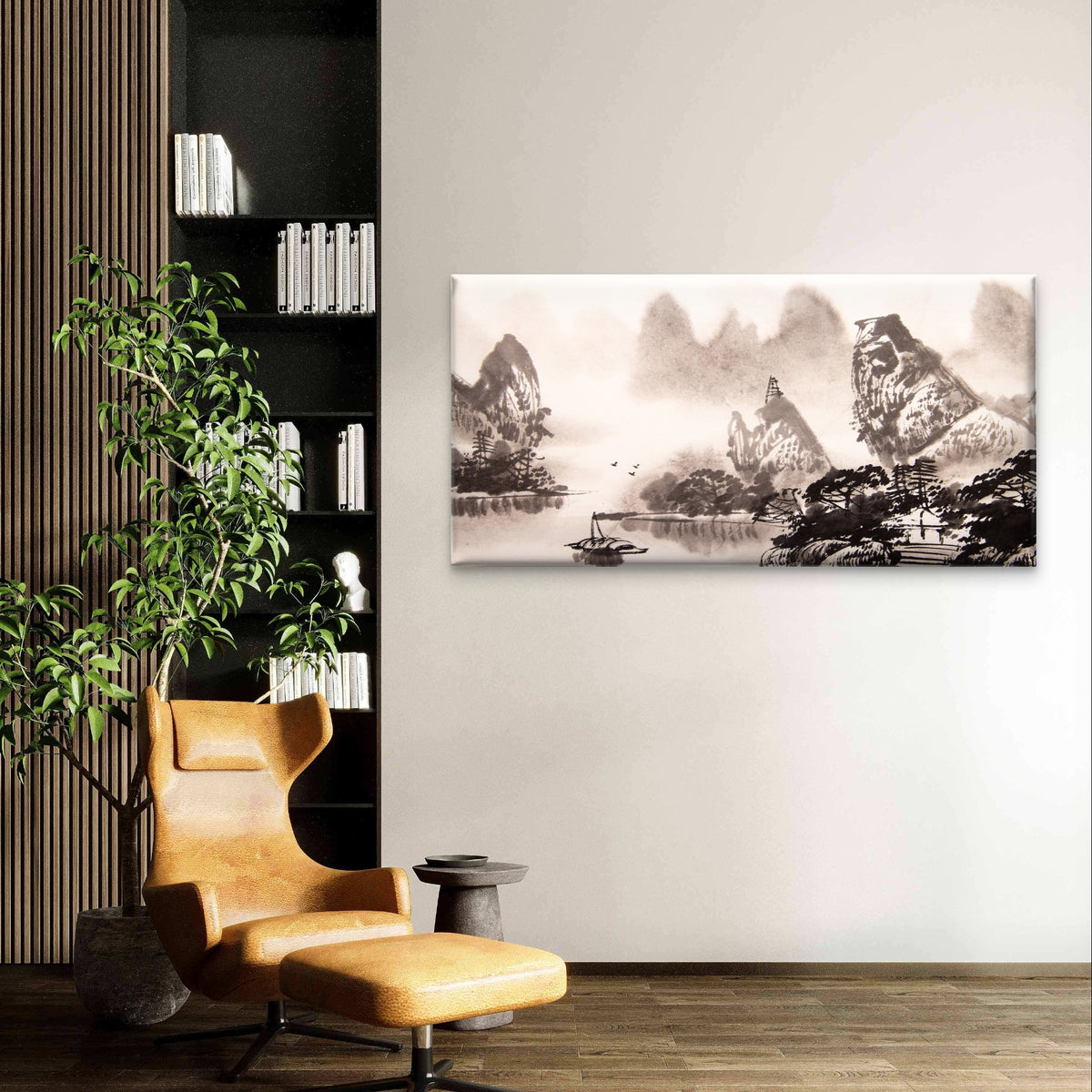 Classic Chinese Ink Wash River Boat Painting Wall Art Canvas Office Home Framed 120x60cm