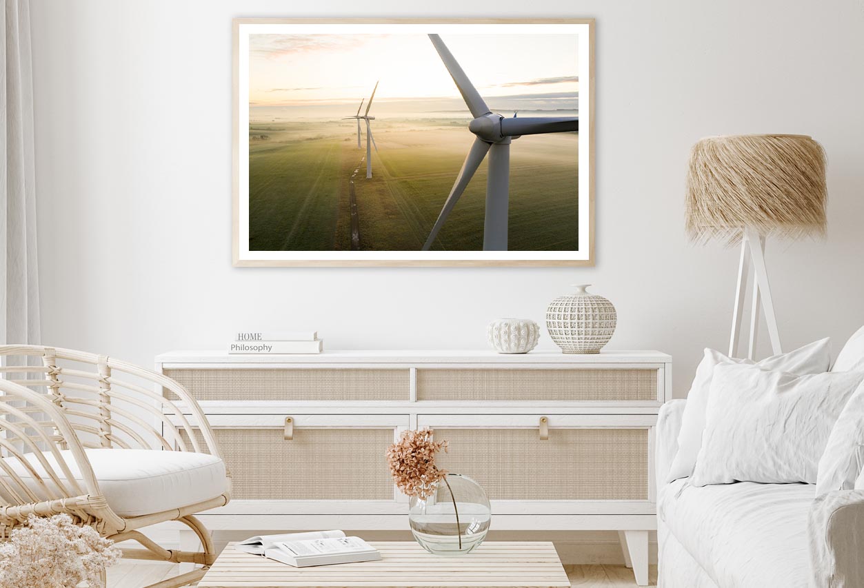 Aerial View Of Three Wind Turbines in The Early Morning Fog at Sunrise Home Decor Premium Quality Poster Print Choose Your Sizes