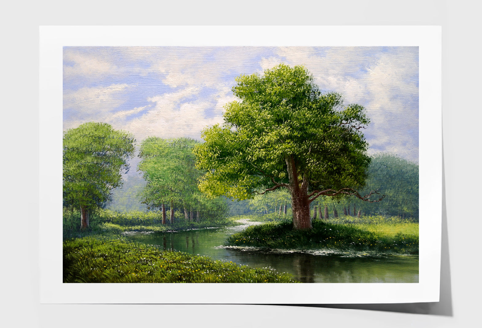 Green Tree Forest & River Cloudy Sky Oil Painting Wall Art Limited Edition High Quality Print Unframed Roll Canvas None