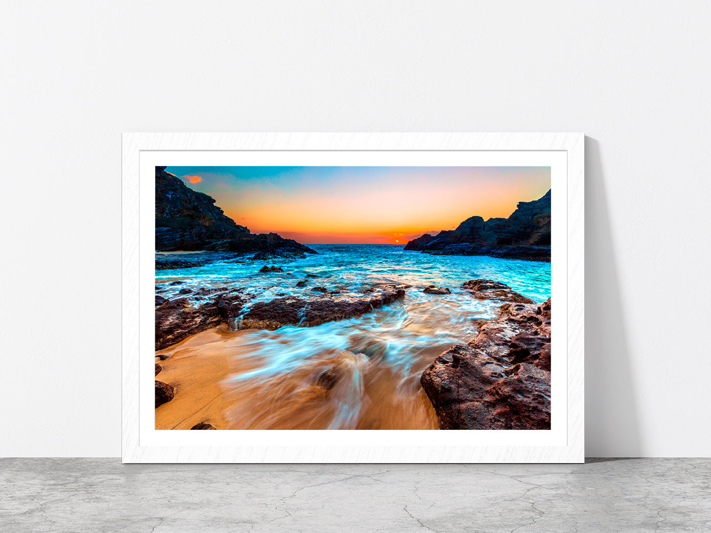 Evening Scene In Hawaiian Beach Glass Framed Wall Art, Ready to Hang Quality Print With White Border White