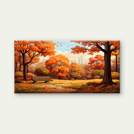 Autumn Forest Cozy Fall Park Bench Wall Art Canvas Office Home Framed 120x60cm