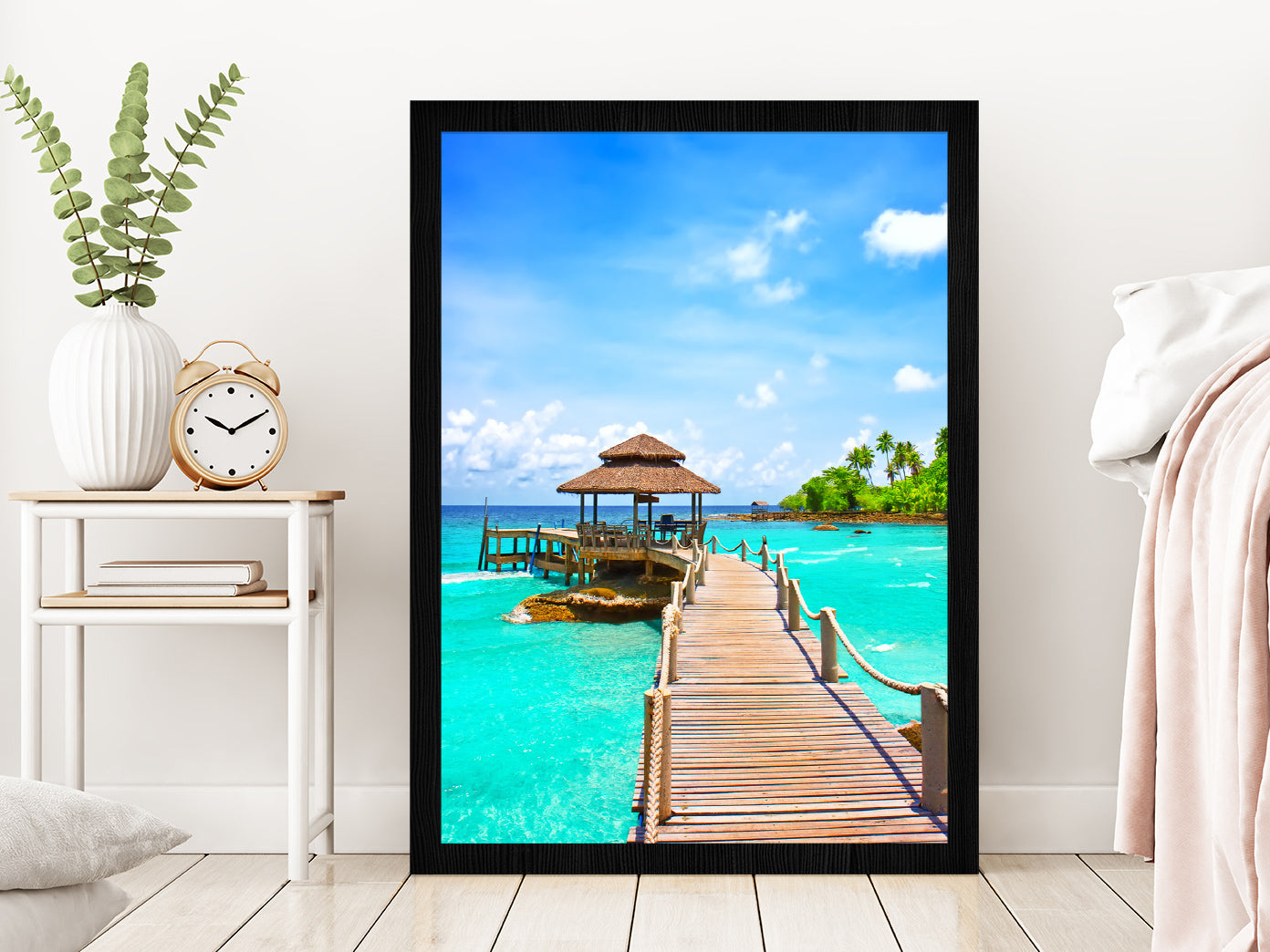 Sea with Pier Under Blue Cloudy Sky Photograph Glass Framed Wall Art, Ready to Hang Quality Print Without White Border Black