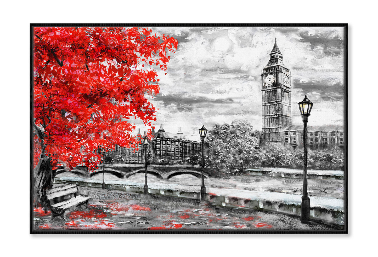 Big Ben Bridge & River with Red Tree Oil Painting Wall Art Limited Edition High Quality Print Canvas Box Framed Black