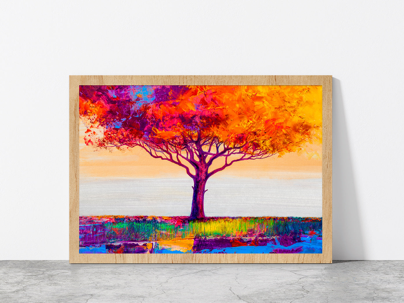 Abstract Colorful Autumn Tree Glass Framed Wall Art, Ready to Hang Quality Print Without White Border Oak