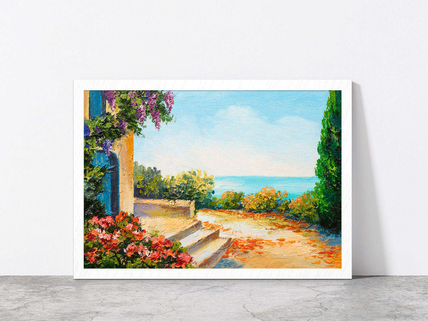 House Near The Sea, Colorful Flowers Glass Framed Wall Art, Ready to Hang Quality Print Without White Border White