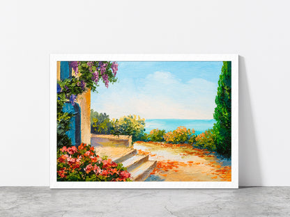 House Near The Sea, Colorful Flowers Glass Framed Wall Art, Ready to Hang Quality Print Without White Border White