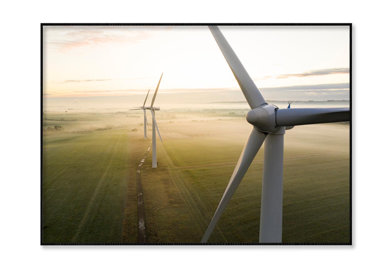 Aerial View Of Three Wind Turbines in The Early Morning Fog at Sunrise Home Decor Premium Quality Poster Print Choose Your Sizes