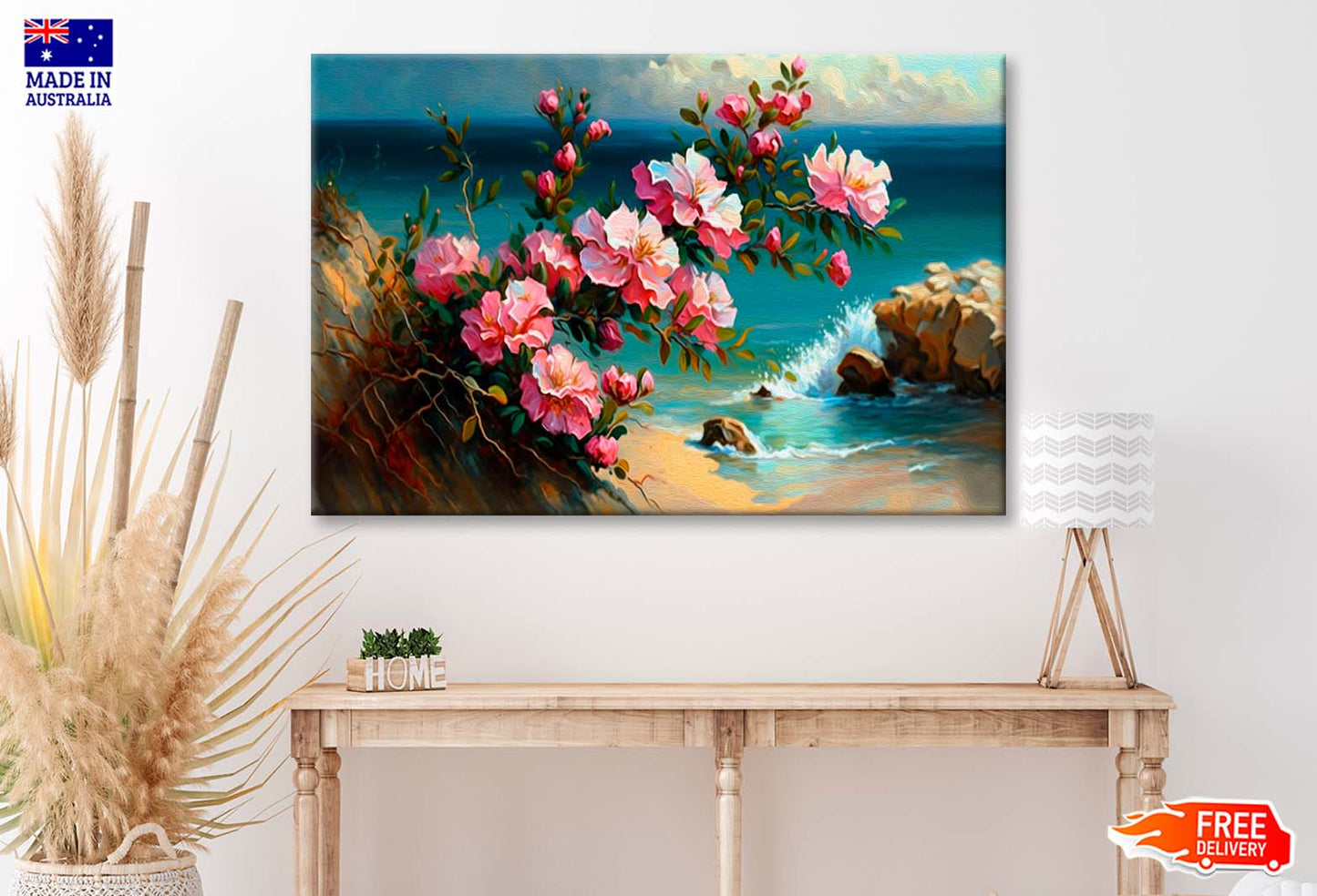 Pink Flowers by The Sea Painting Wall Art Limited Edition High Quality Print