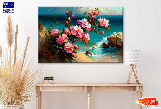 Pink Flowers by The Sea Painting Wall Art Limited Edition High Quality Print