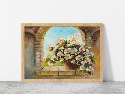 Bouquet Of Flowers On A Stone Sill Glass Framed Wall Art, Ready to Hang Quality Print Without White Border Oak