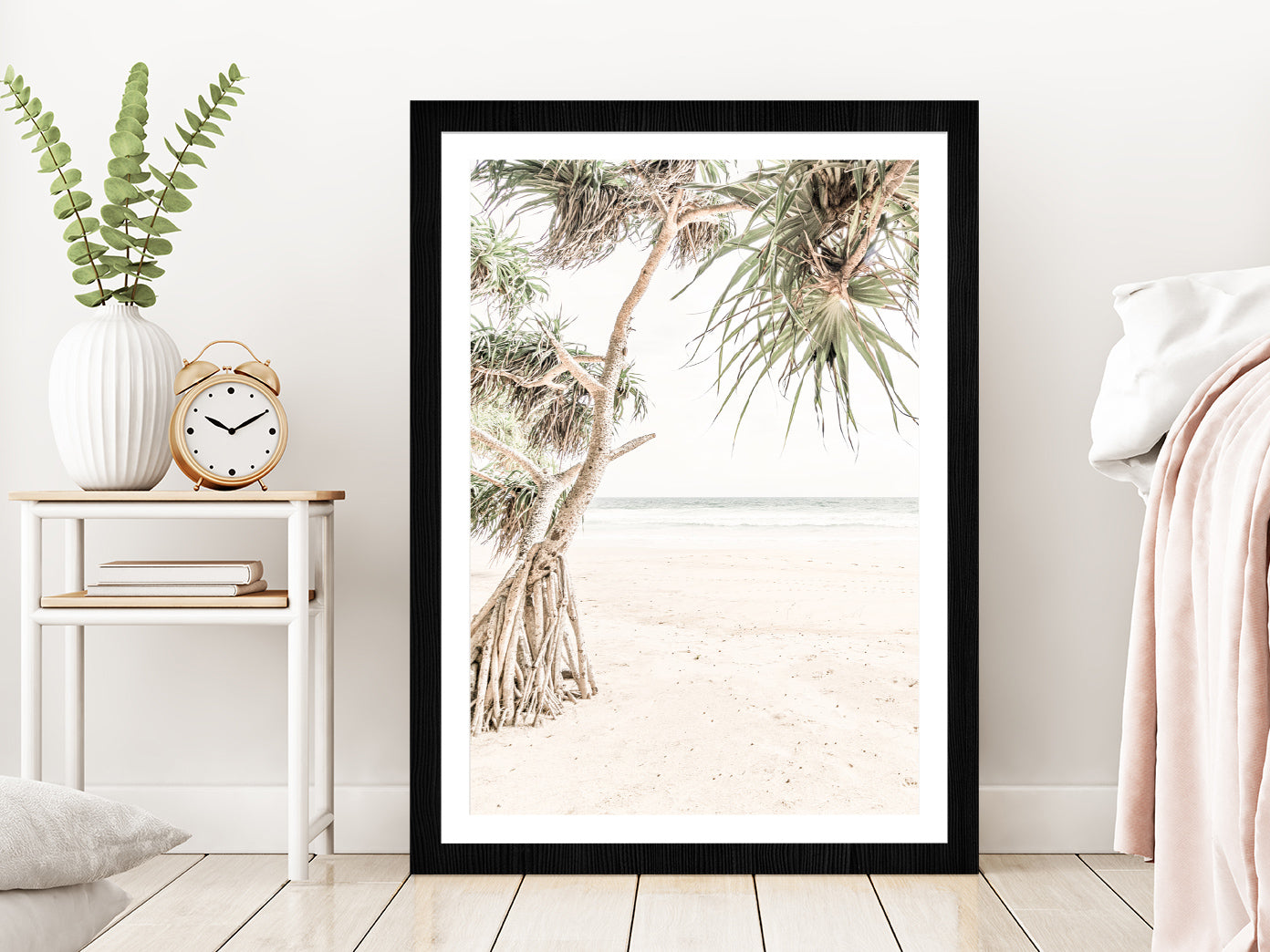 Trees near Sandy Beach View Photograph Glass Framed Wall Art, Ready to Hang Quality Print With White Border Black