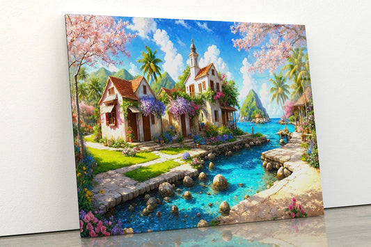 Small Town with Sea Oil Painting Acrylic Glass Print Tempered Glass Wall Art 100% Made in Australia Ready to Hang