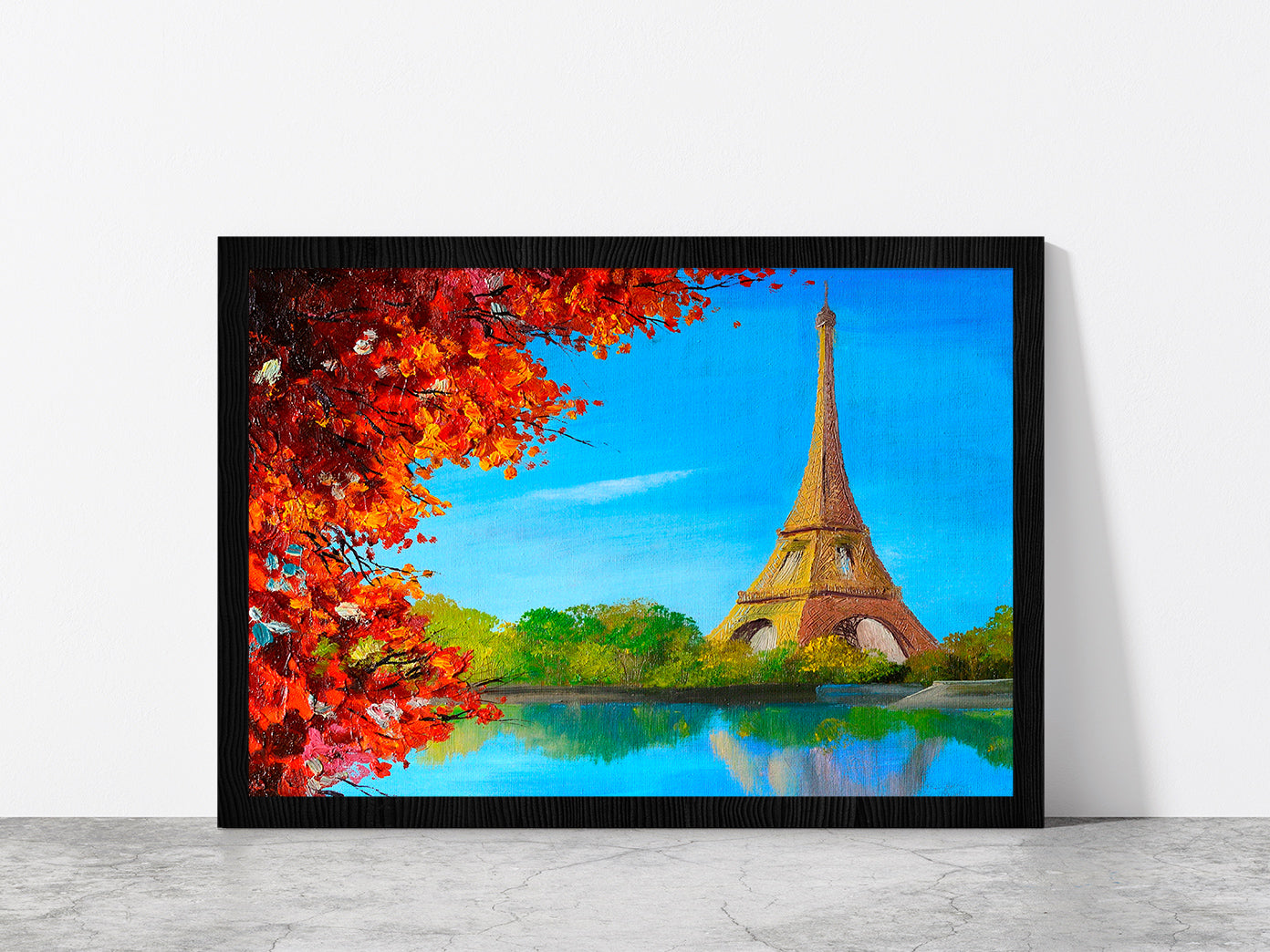 Lake Near The Eiffel Tower Oil Painting Glass Framed Wall Art, Ready to Hang Quality Print Without White Border Black