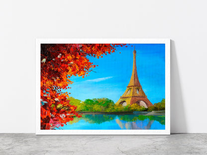 Lake Near The Eiffel Tower Oil Painting Glass Framed Wall Art, Ready to Hang Quality Print Without White Border White