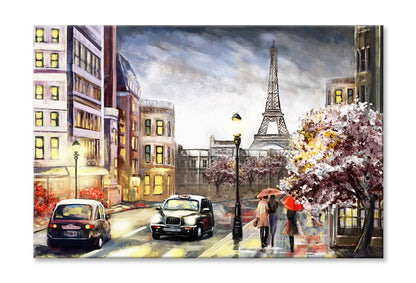 Paris Street Eiffel Tower & People Watercolor Painting Wall Art Limited Edition High Quality Print Stretched Canvas None