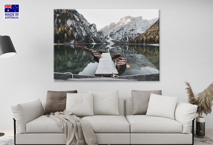 Gloomy Boats Moored by Lake Against Sky Wall Art Decor 100% Australian Made