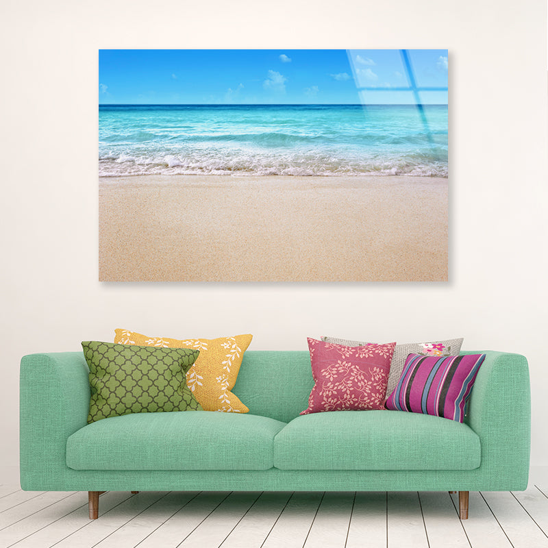 A Sandy Beach with Waves Crashing On It Acrylic Glass Print Tempered Glass Wall Art 100% Made in Australia Ready to Hang