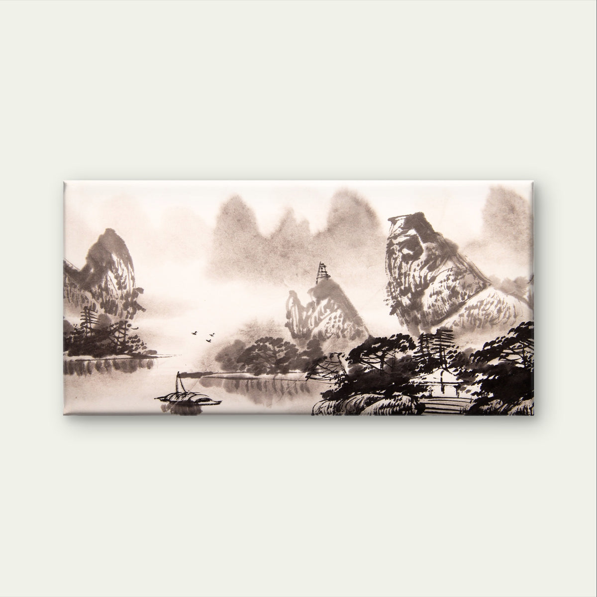 Classic Chinese Ink Wash River Boat Painting Wall Art Canvas Office Home Framed 120x60cm