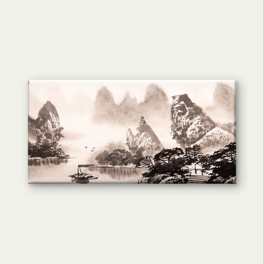 Classic Chinese Ink Wash River Boat Painting Wall Art Canvas Office Home Framed 120x60cm
