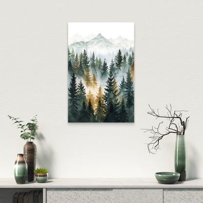 Foggy Pine Forest Snowy Mountain 60x90cm Metal Print Ready to Hang