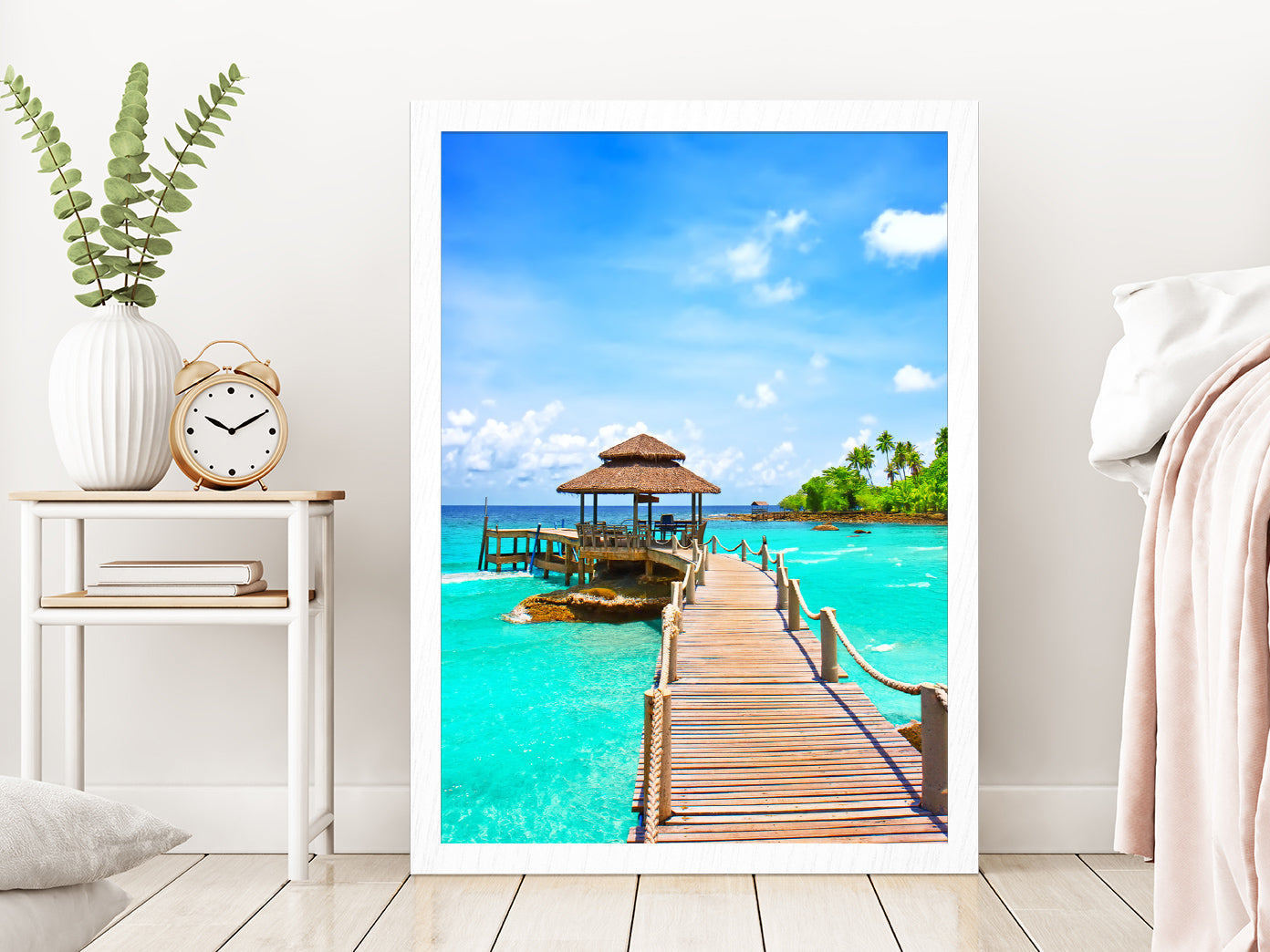 Sea with Pier Under Blue Cloudy Sky Photograph Glass Framed Wall Art, Ready to Hang Quality Print Without White Border White