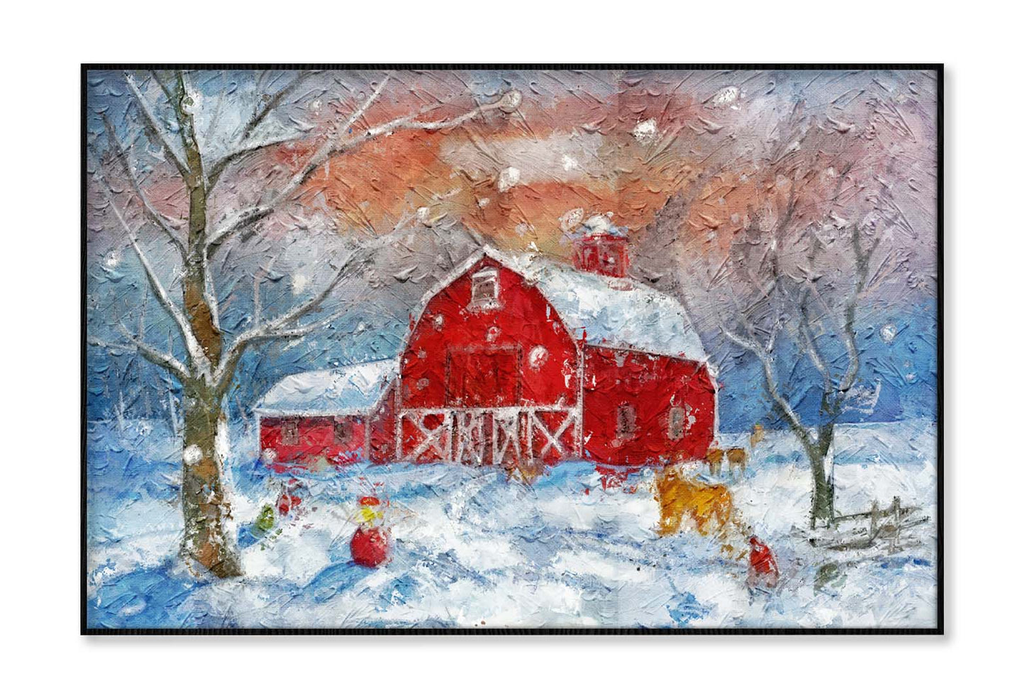 Farm Barn. Red Country House. Snowy Winter Forest. Snowman and Farm Animals Wall Art Limited Edition High Quality Print