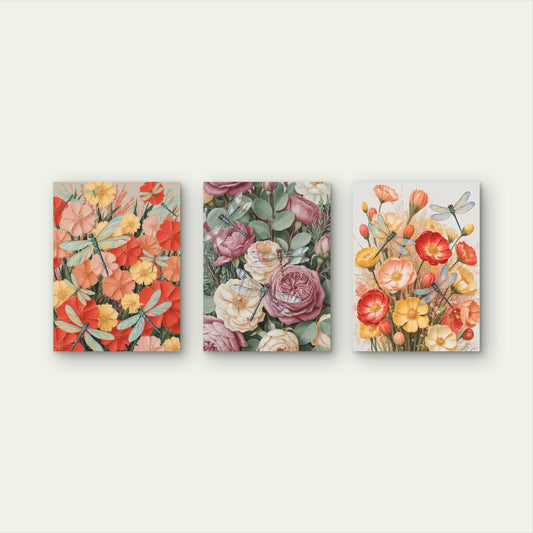 3pcs Garden Rose Vintage Dragonfly Flowers Wall Art Set Canvas Framed 40x60cm - High Quality Print 100% Australian Made Wall Canvas Ready to Hang