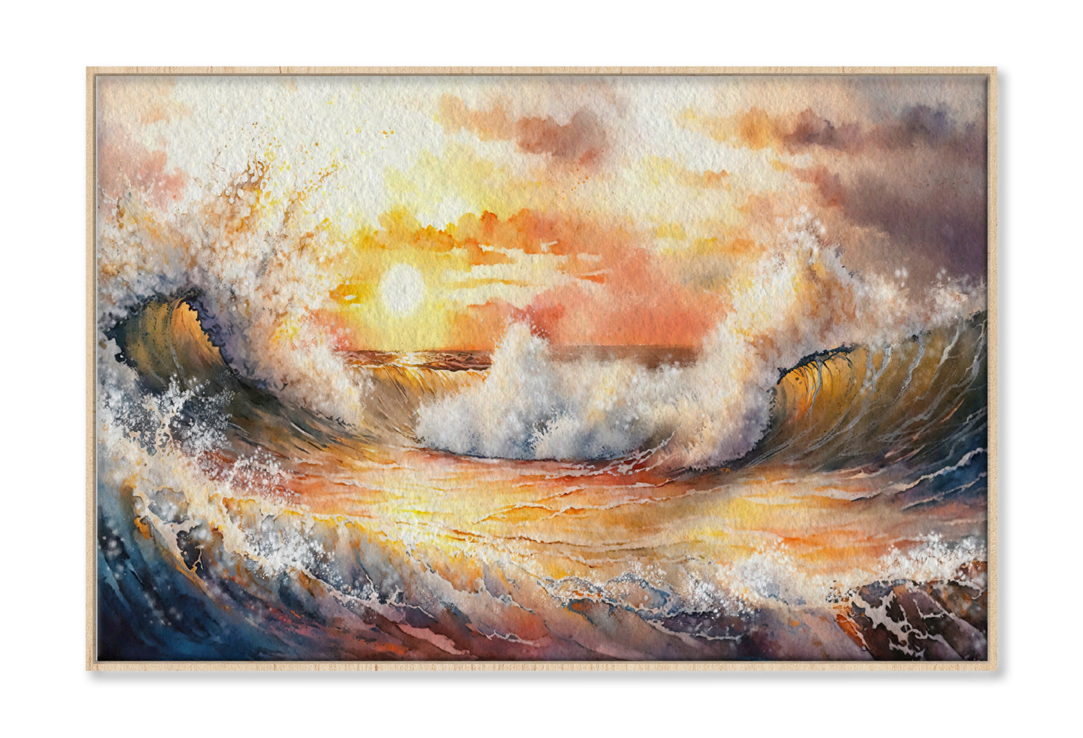 Sea Waves & Sunset Cloudy Sky Watercolor Painting Wall Art Limited Edition High Quality Print Canvas Box Framed Natural