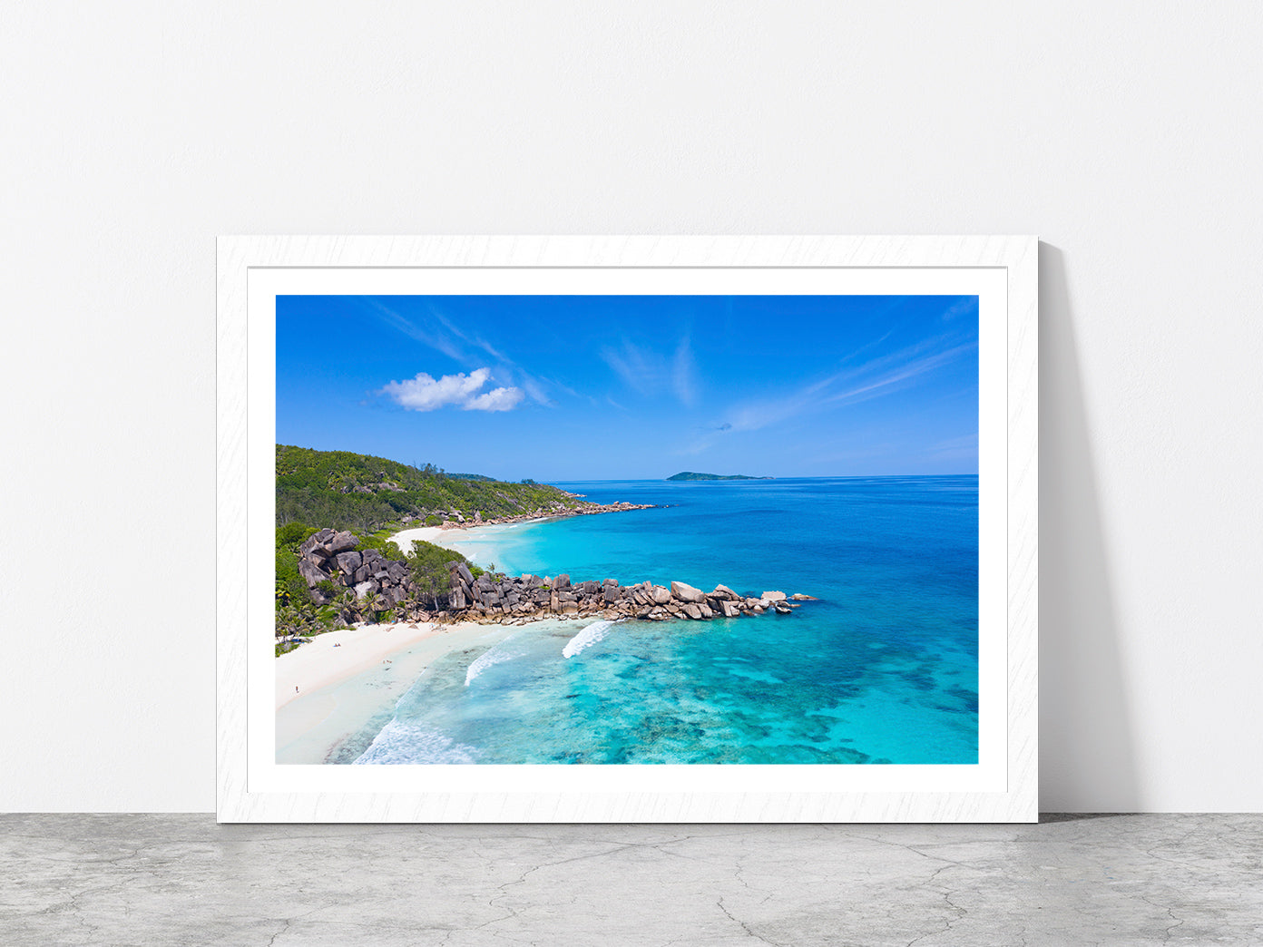 Grand Anse Beach On Island Glass Framed Wall Art, Ready to Hang Quality Print With White Border White