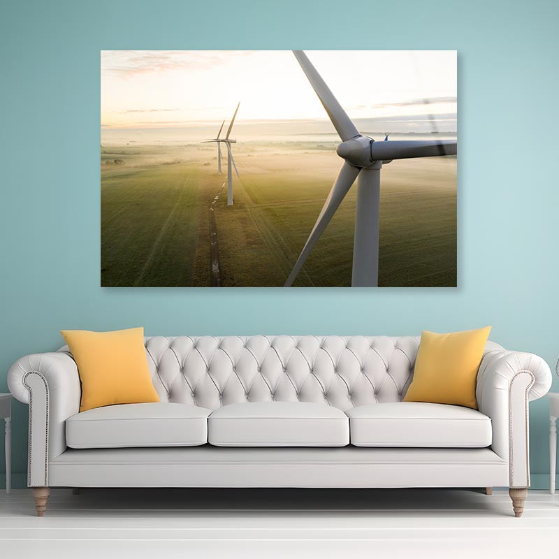 Aerial View Of Three Wind Turbines in The Early Morning Fog at Sunrise Acrylic Glass Print Tempered Glass Wall Art 100% Made in Australia Ready to Hang - Bella Home Decor