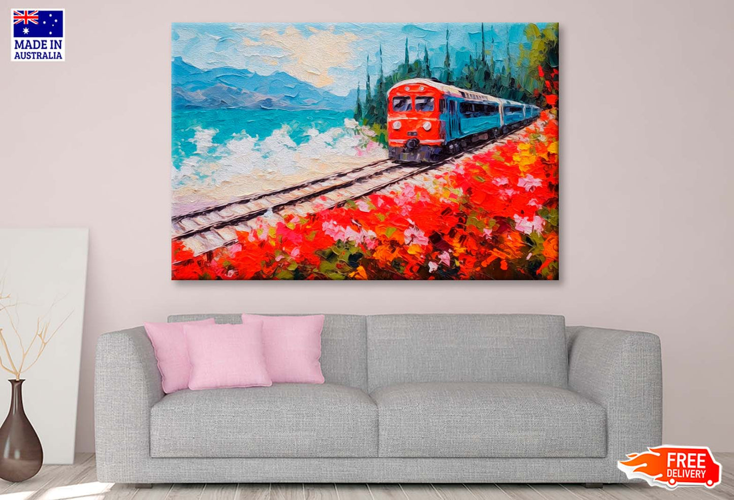 Coastal Railway Train & Flower Field Wall Art Limited Edition High Quality Print