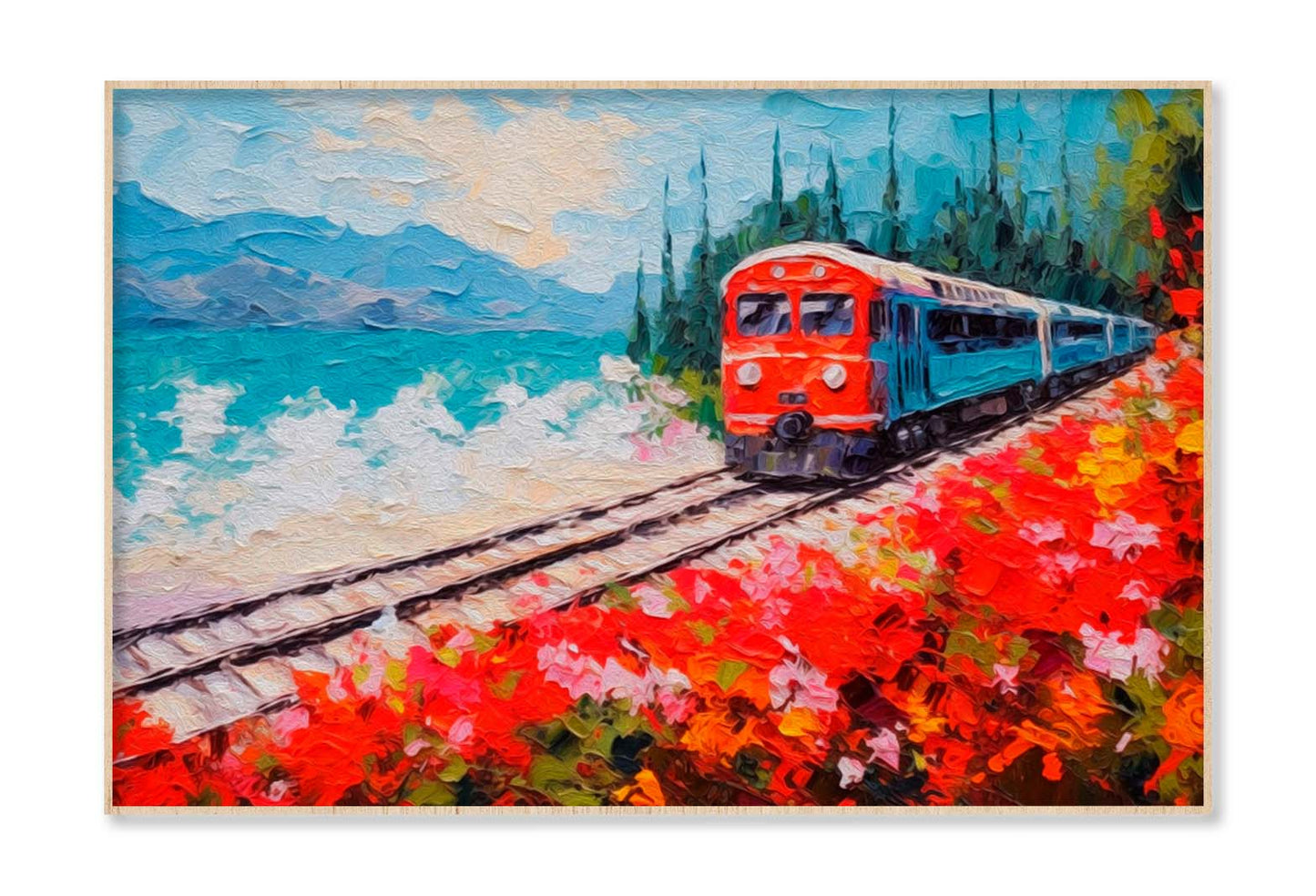 Coastal Railway Train & Flower Field Wall Art Limited Edition High Quality Print