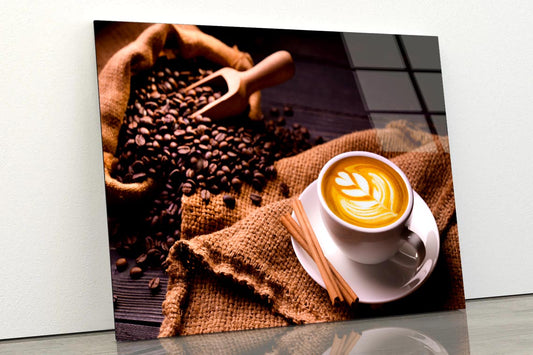 Cup Of Coffee with A Spoon and Some Coffee Beans Acrylic Glass Print Tempered Glass Wall Art 100% Made in Australia Ready to Hang