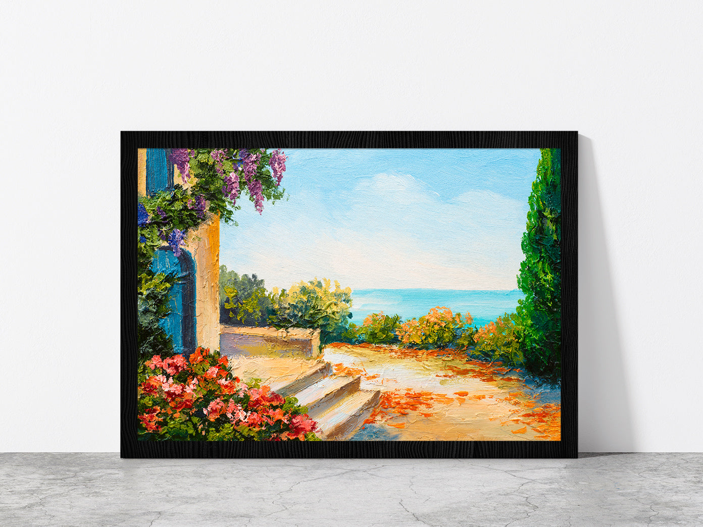 House Near The Sea, Colorful Flowers Glass Framed Wall Art, Ready to Hang Quality Print Without White Border Black