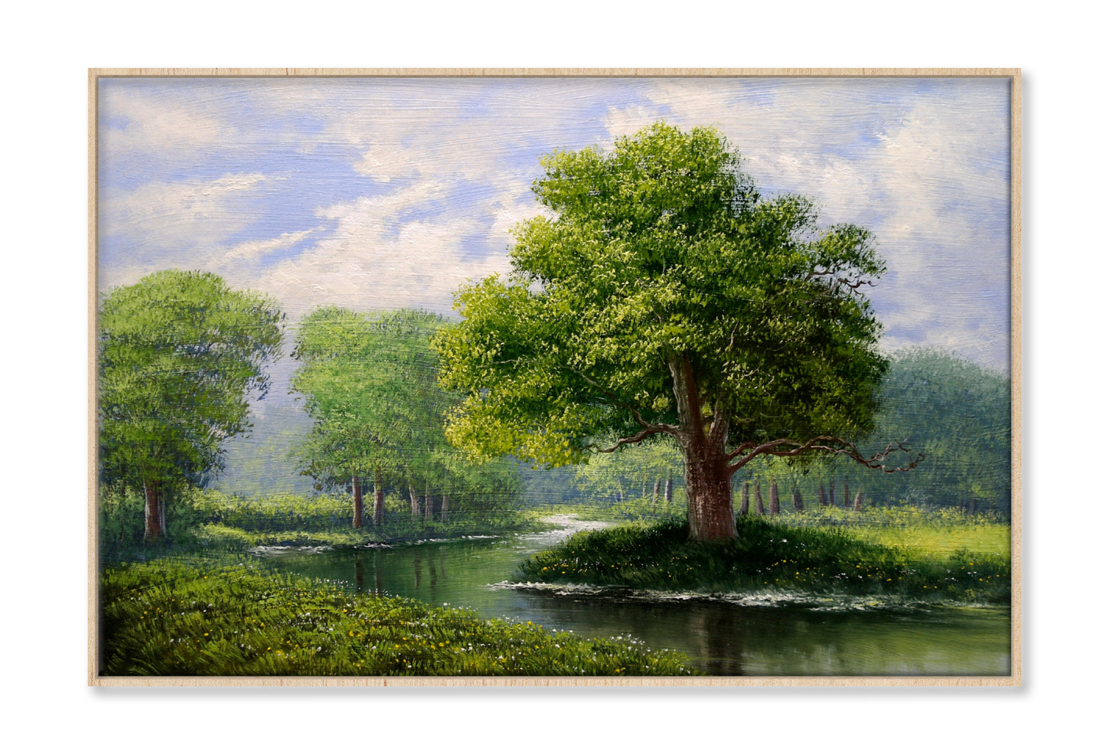 Green Tree Forest & River Cloudy Sky Oil Painting Wall Art Limited Edition High Quality Print Canvas Box Framed Natural