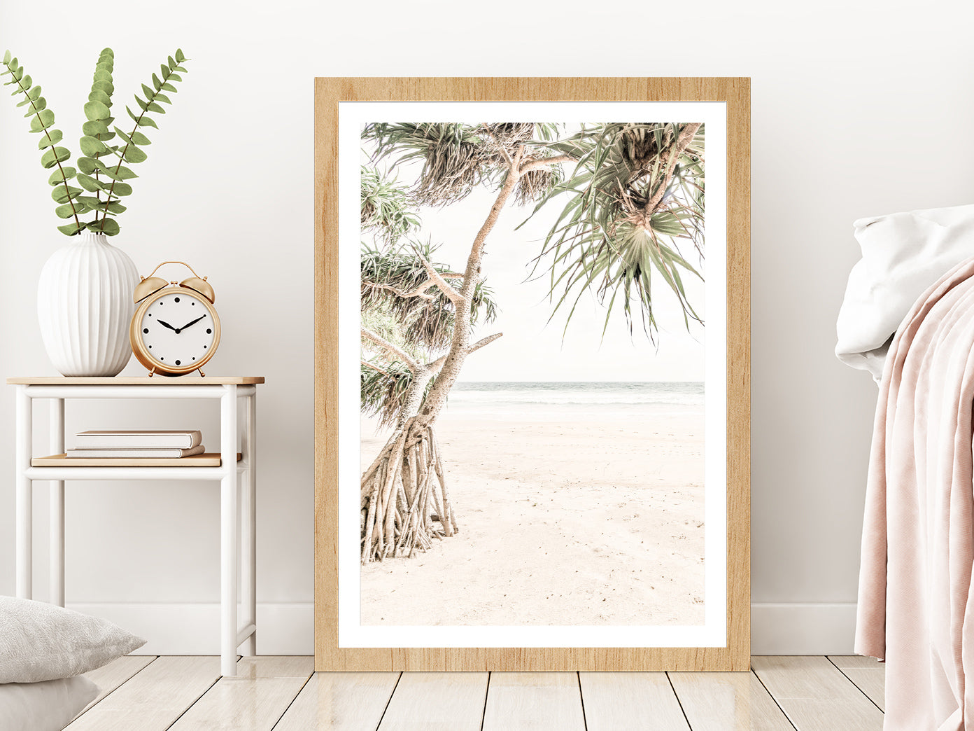 Trees near Sandy Beach View Photograph Glass Framed Wall Art, Ready to Hang Quality Print With White Border Oak