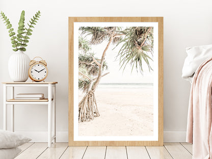 Trees near Sandy Beach View Photograph Glass Framed Wall Art, Ready to Hang Quality Print With White Border Oak