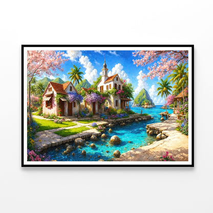 Small Town with Sea Oil Painting Home Decor Premium Quality Poster Print Choose Your Sizes