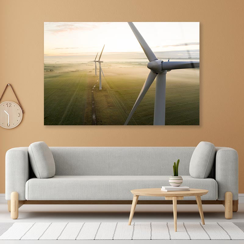 Aerial View Of Three Wind Turbines in The Early Morning Fog at Sunrise Acrylic Glass Print Tempered Glass Wall Art 100% Made in Australia Ready to Hang - Bella Home Decor