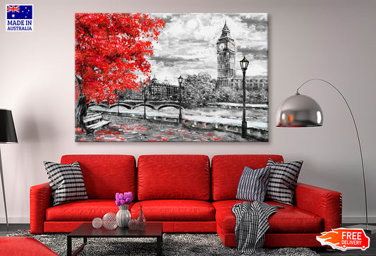 Big Ben Bridge & River with Red Tree Oil Painting Wall Art Limited Edition High Quality Print