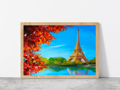 Lake Near The Eiffel Tower Oil Painting Glass Framed Wall Art, Ready to Hang Quality Print Without White Border Oak