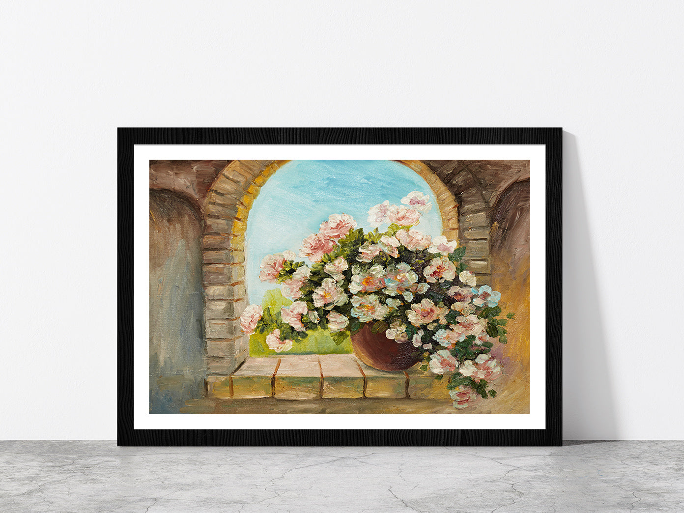 Bouquet Of Flowers On A Stone Sill Glass Framed Wall Art, Ready to Hang Quality Print With White Border Black