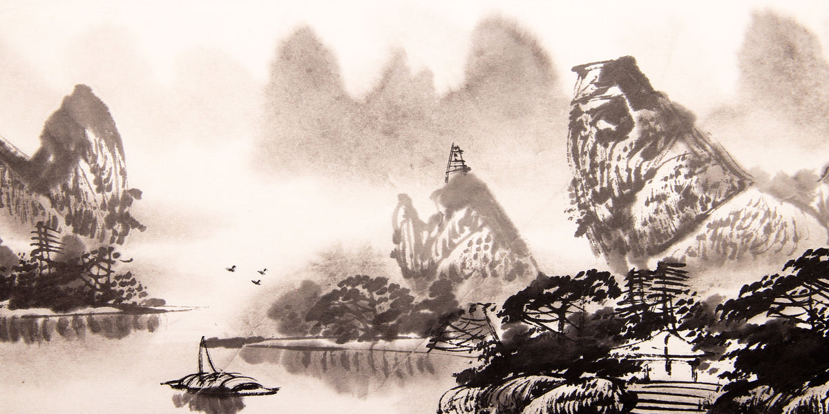 Classic Chinese Ink Wash River Boat Painting Wall Art Canvas Office Home Framed 120x60cm