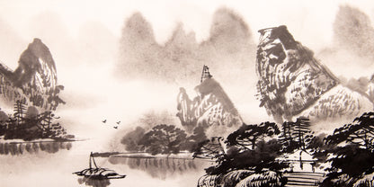 Classic Chinese Ink Wash River Boat Painting Wall Art Canvas Office Home Framed 120x60cm