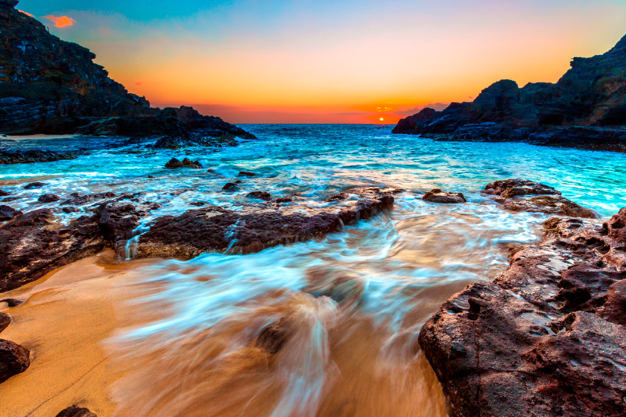 Evening Scene In Hawaiian Beach Glass Framed Wall Art, Ready to Hang Quality Print