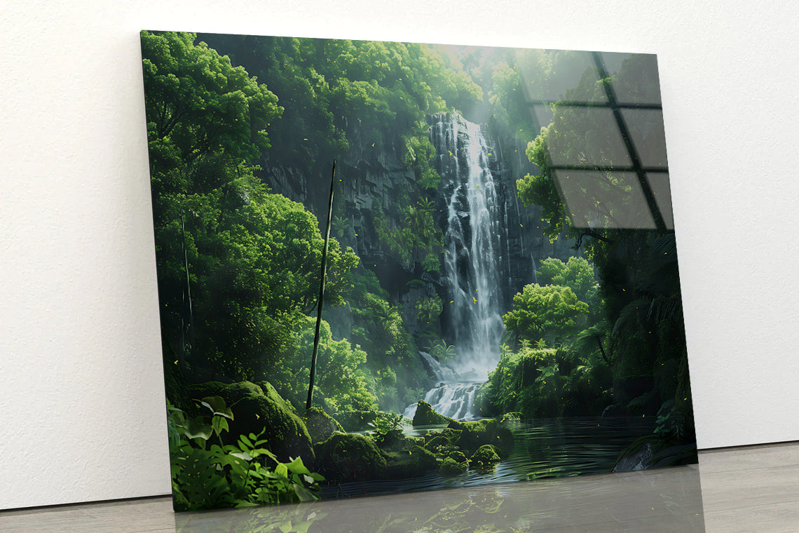 Waterfall, Trees, Lake Acrylic Glass Print Tempered Glass Wall Art 100% Made in Australia Ready to Hang - Bella Home Decor