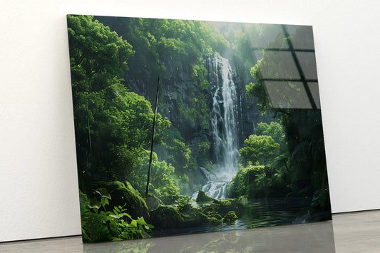 Waterfall, Trees, Lake Acrylic Glass Print Tempered Glass Wall Art 100% Made in Australia Ready to Hang - Bella Home Decor